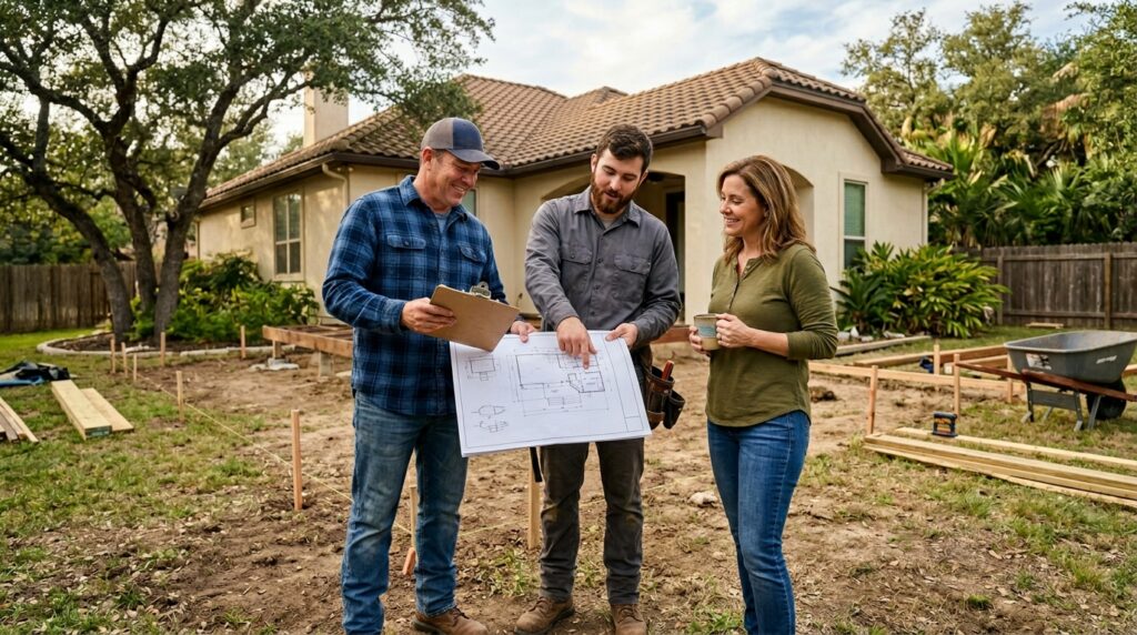 Prestige Deck Builders team reviewing a deck design plan with a San Antonio homeowner