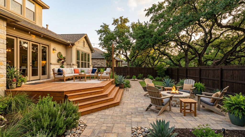 multi-level deck and patio combination in San Antonio backyard by Prestige Deck Builders