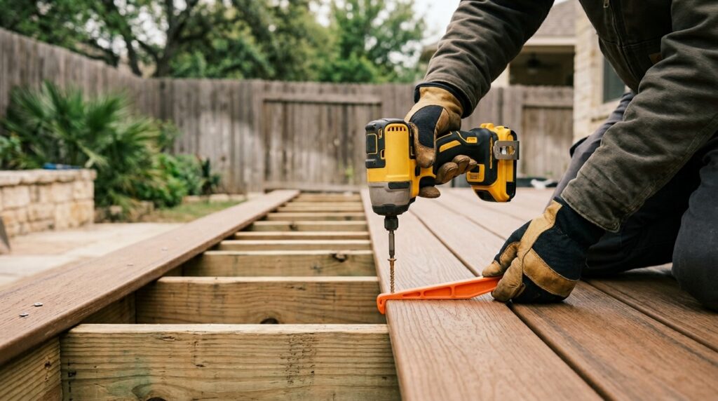 close-up of deck boards being installed with proper spacing on a cool San Antonio winter day