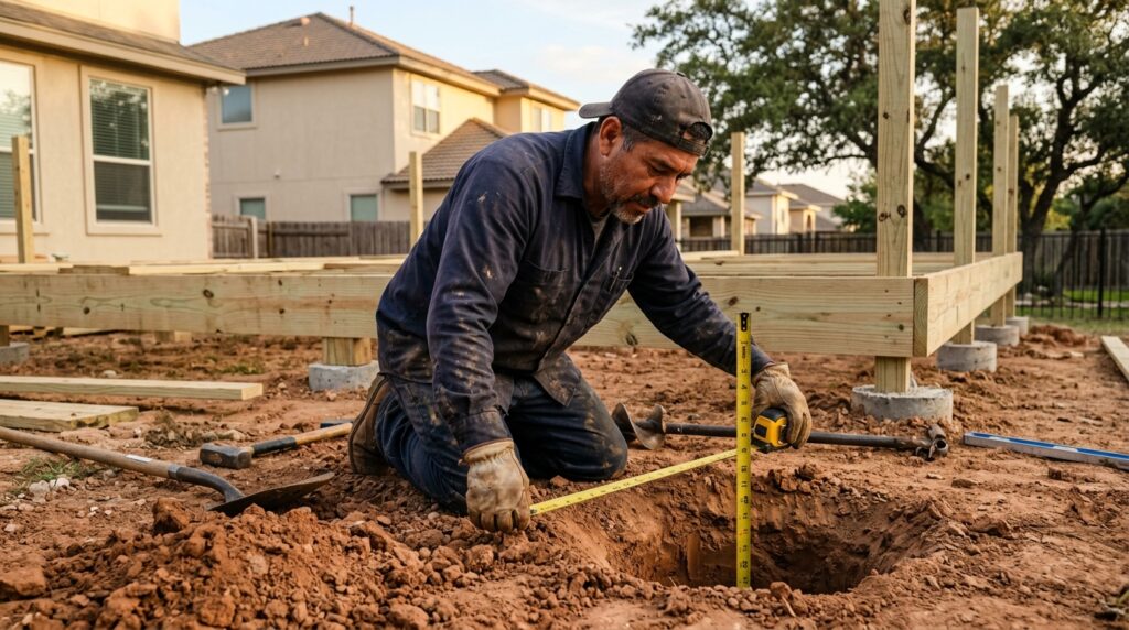 San Antonio deck builder inspecting post footing depth on clay soil in Bexar County for structural stability