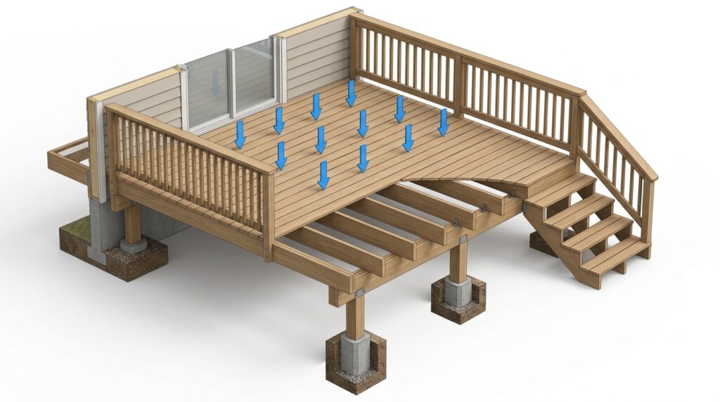 diagram showing deck load capacity with arrows indicating live load and dead load on a wood frame deck structure
