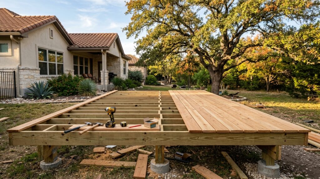 deck under construction in a San Antonio backyard on a mild fall day