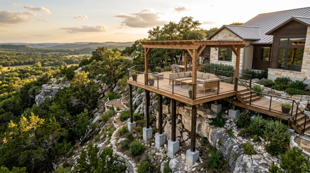 San Antonio Hill Country backyard with elevated deck on sloped lot and pergola cover