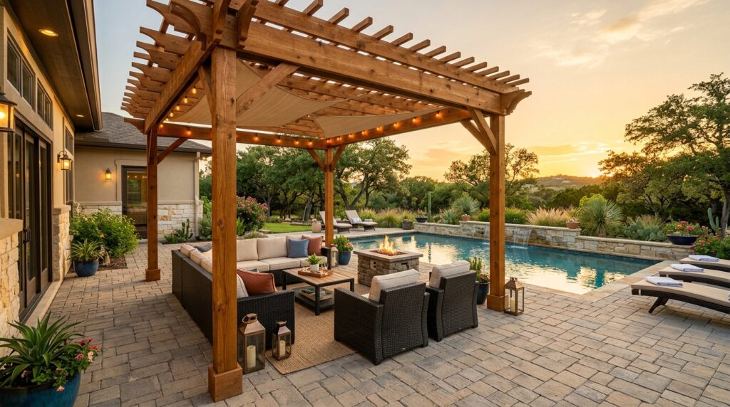 finished paver patio San Antonio outdoor living space with pergola and pool deck