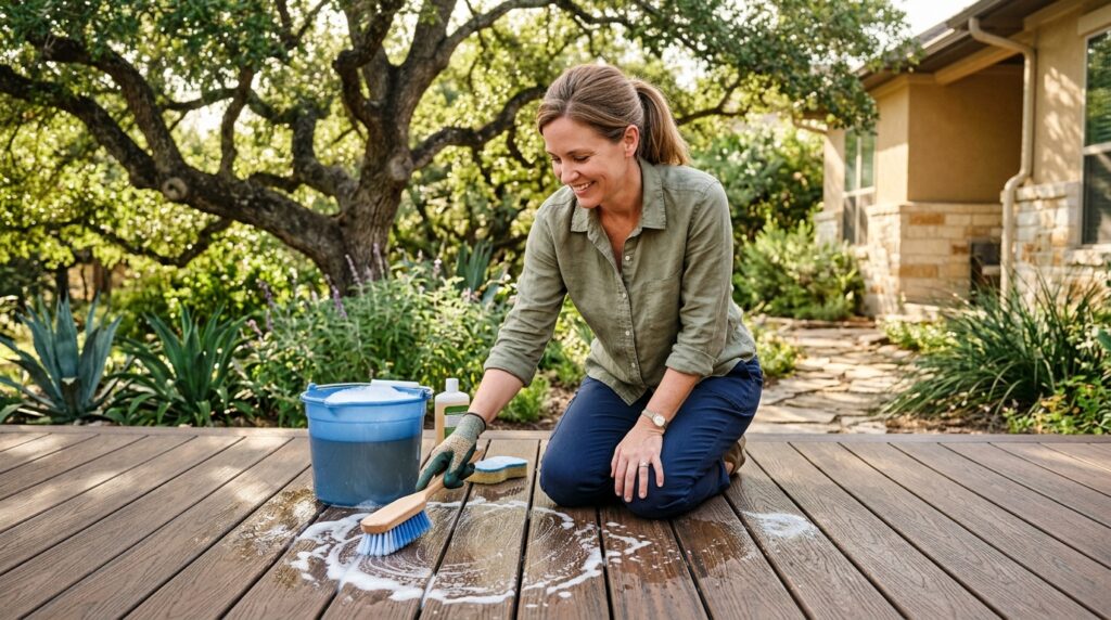 San Antonio homeowner cleaning composite deck surface with soft brush and soapy water showing proper care technique