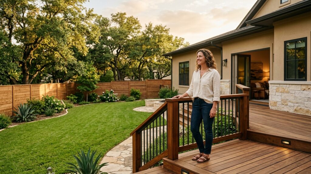 San Antonio homeowner standing on a new custom wood deck overlooking their backyard