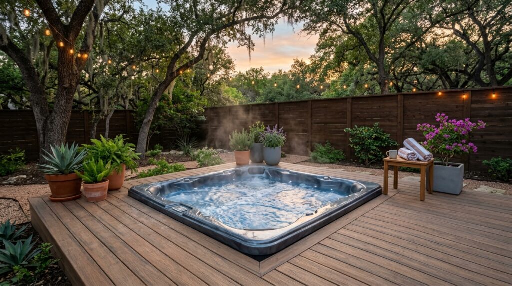 hot tub on a reinforced ground-level deck in a San Antonio backyard