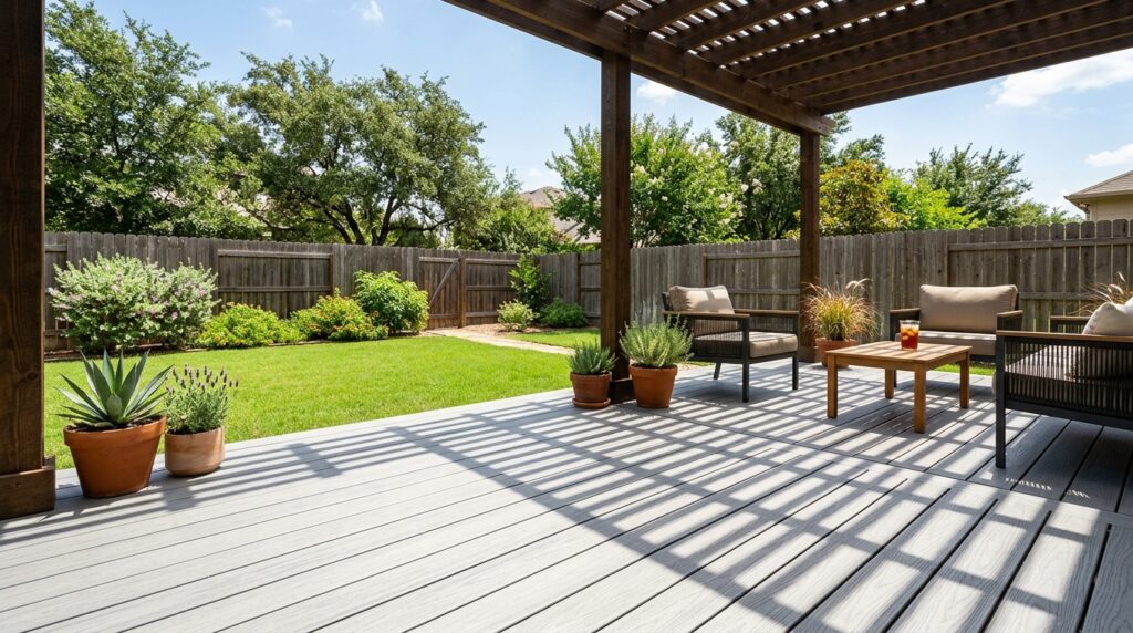 light grey composite deck boards in a San Antonio backyard with partial shade from a pergola overhead