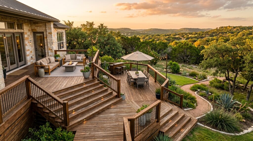 multi-level deck on a sloped San Antonio backyard with Hill Country landscape in background