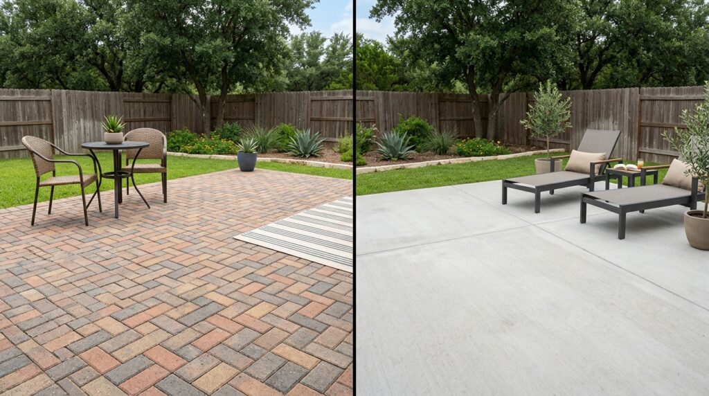 paver patio vs concrete patio comparison in San Antonio Texas backyard