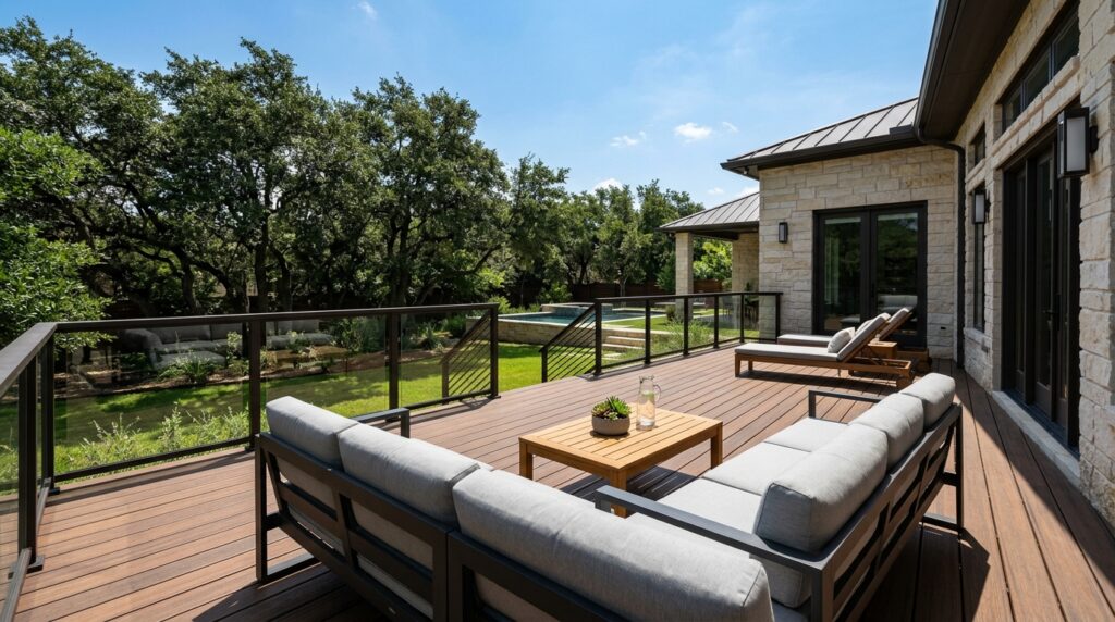 composite decking on a San Antonio backyard deck showing long-lasting capped boards in Texas heat