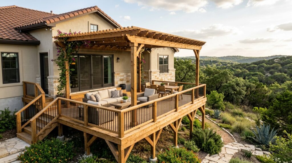 raised wood deck built on sloped San Antonio backyard with pergola by Prestige Deck Builders
