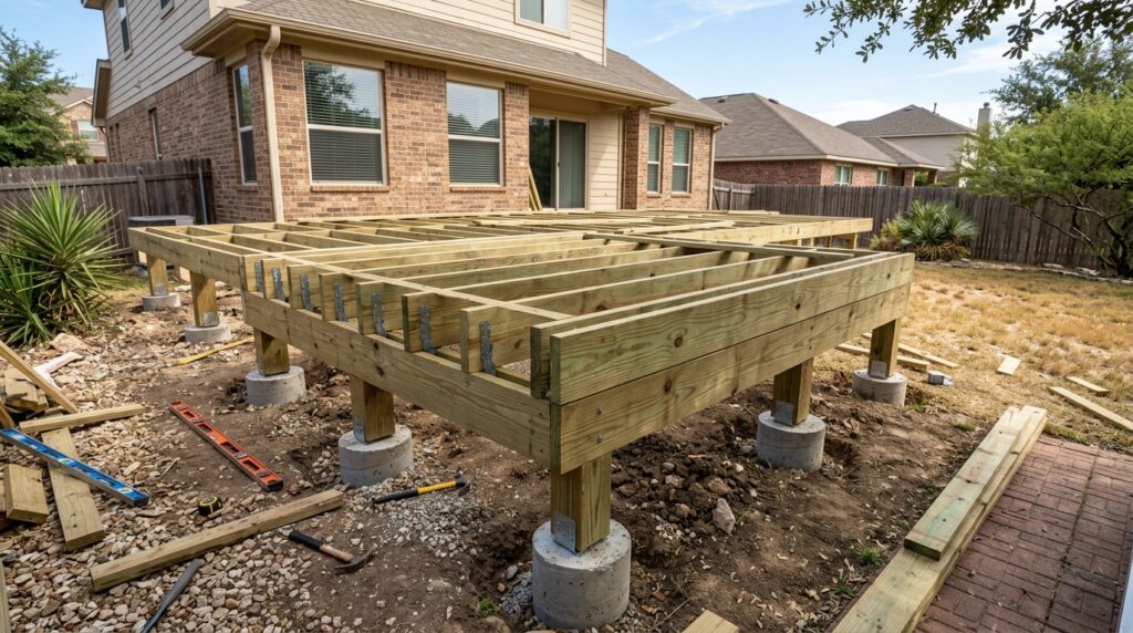deck framing with doubled joists and new concrete footings for hot tub support