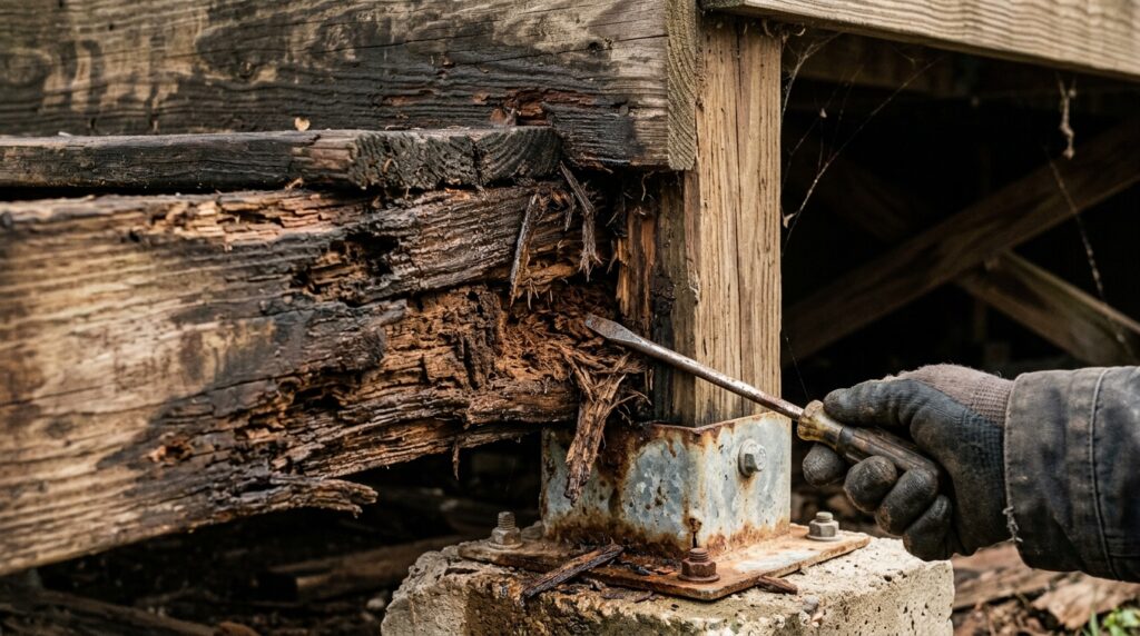 close-up of rotted deck joist and soft board at post base showing structural damage in San Antonio yard