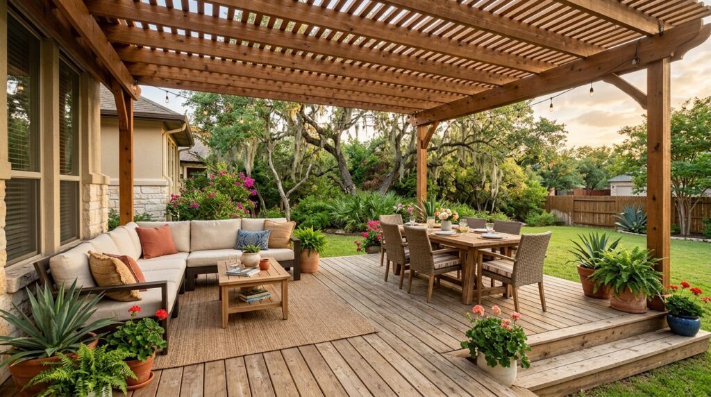 Spacious San Antonio deck with pergola shade structure and outdoor seating area