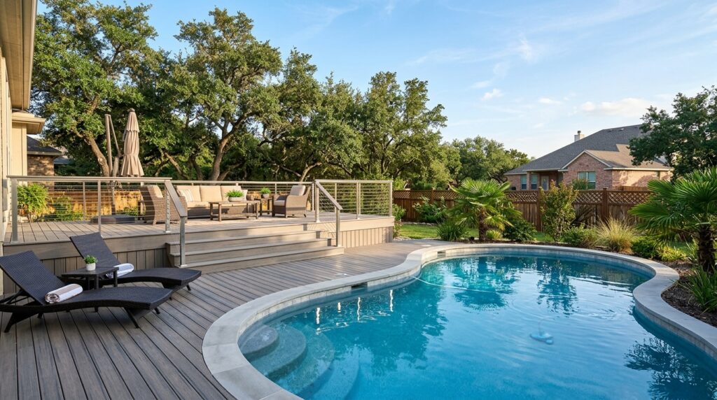 two-level deck surrounding a San Antonio backyard pool with composite decking and cable railing