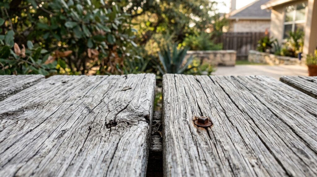 weathered wood deck boards showing checking and graying in a San Antonio Texas backyard