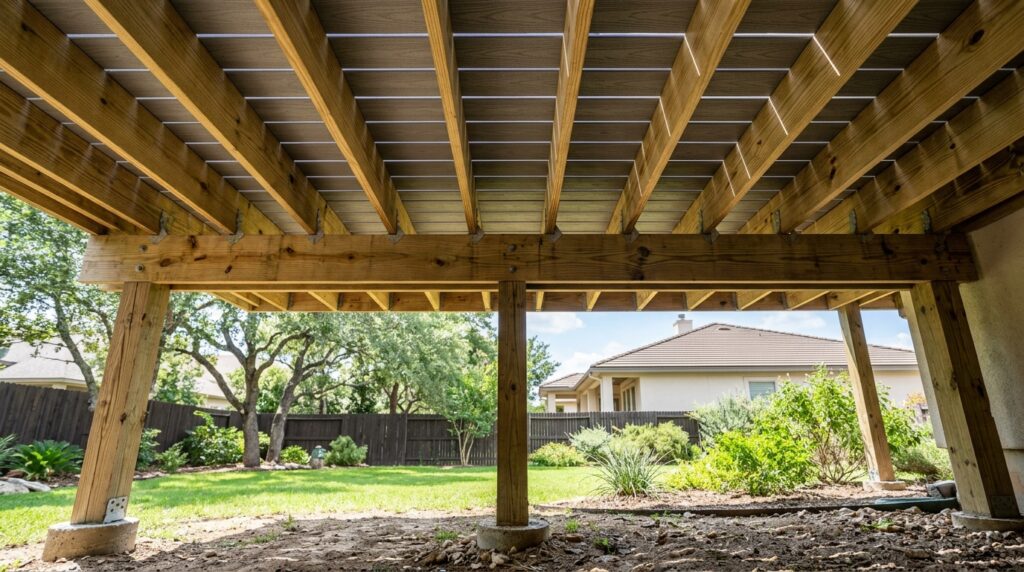 wood substructure framing beneath a composite deck in San Antonio showing proper joist spacing and ventilation